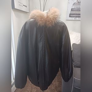 Men's Reversible Leather Jacket With Fox Fur Trimmed Hood